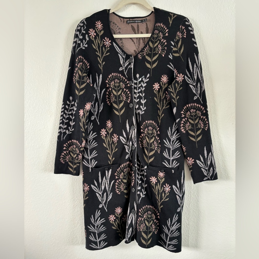 Gudrun Sjoden Botanical Floral Knit Long Cardigan Sweater Dress Black Small